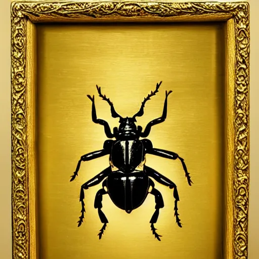 Prompt: ornate engraved carving of a beetle on a gold panel