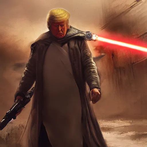Image similar to Donald Trump as a jedi hero, capitol hill, post-apocalyptic, cinematic, atmospheric, highly detailed, artstation, Emanuel Leutze, Carl Wahlbom