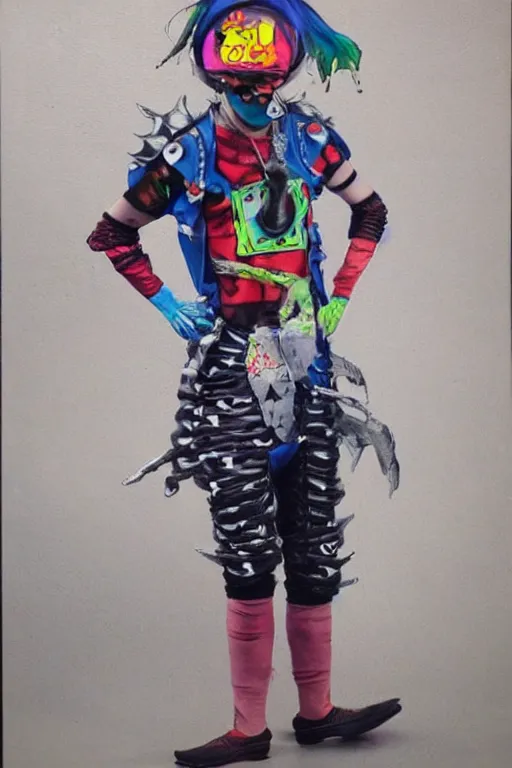 Prompt: a male character wearing a diy! costume,, punk, with fluo colored details and a transparent helmet, full body, muted colors, vivienne westwood, nausicaa, hyper real painting