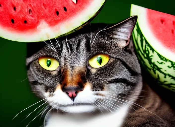 Image similar to photo of a cat wearing a helmet made of a watermelon. fantasy horror style. highly detailed 8 k. intricate. lifelike. soft light. nikon d 8 5 0 5 5 mm. dof. cinematic post - processing.