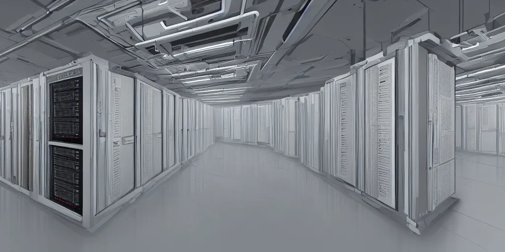 Image similar to parallax datacenter server room white rusty android robocowboy in artstation