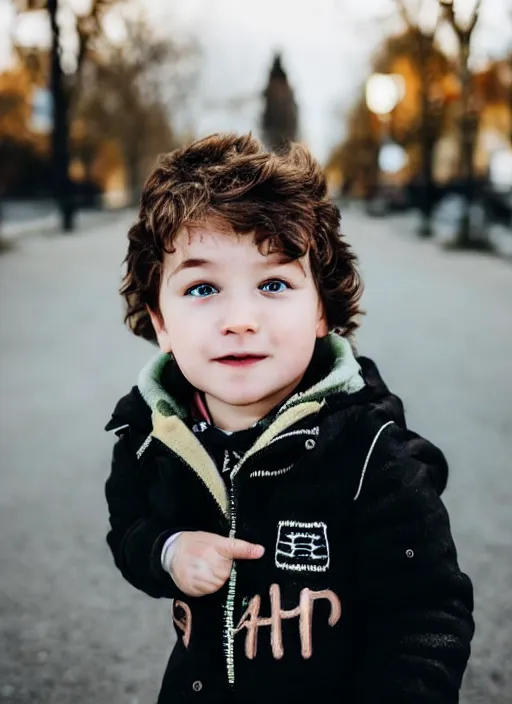 Prompt: a personal close up portrait of a 1 year old man from switzerland, his hair is brown and short, his eyes are green, his face is symmetric and friendly, he's proud to be where he is in life, black jacket, ambient light, beautiful composition, magazine, full frame, 5 0 mm, f 1. 8