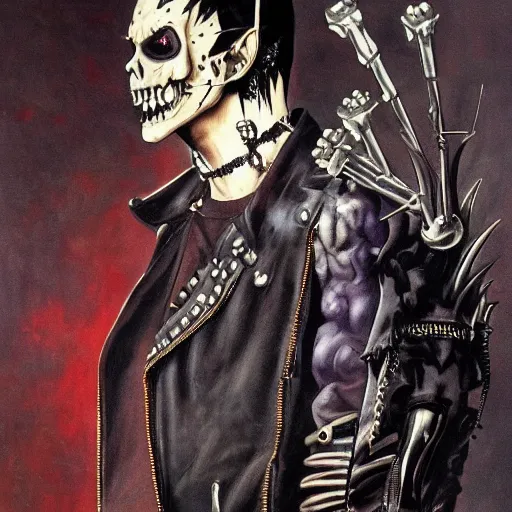 Image similar to a portrait of the grim reaper as a punk rocker, punk, skeleton face, mohawk, dark, fantasy, leather jackets, spiked collars, spiked wristbands, piercings, boots, guitars, motorcycles, ultrafine detailed painting by frank frazetta and vito acconci and takeshi obata, detailed painting