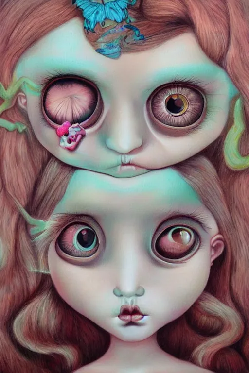 Image similar to pop surrealism, lowbrow art, realistic cute girl painting, hyper realism, muted colors, trevor brown, mark ryden style