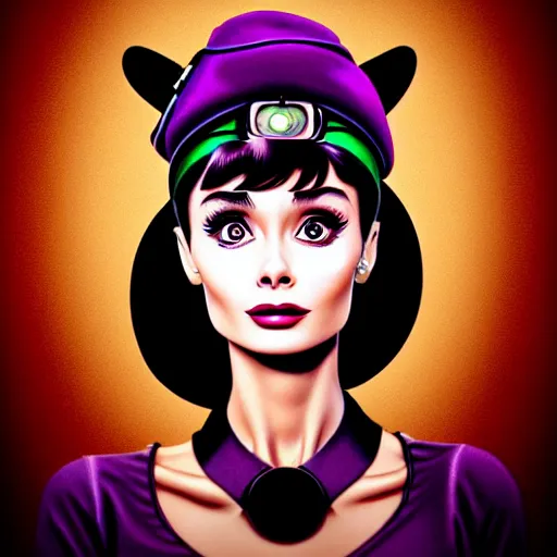 Image similar to in the style of diego fazio, artgerm, beautiful audrey hepburn, steampunk, elegant pose, middle shot, spooky, symmetrical face symmetrical eyes, three point lighting, detailed realistic eyes, short neck, purple and green top clothing, insanely detailed and intricate elegant
