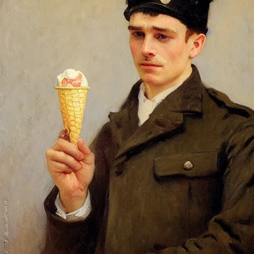 Prompt: portrait of very sad soldier with an ice cream cone in his hand by emile friant