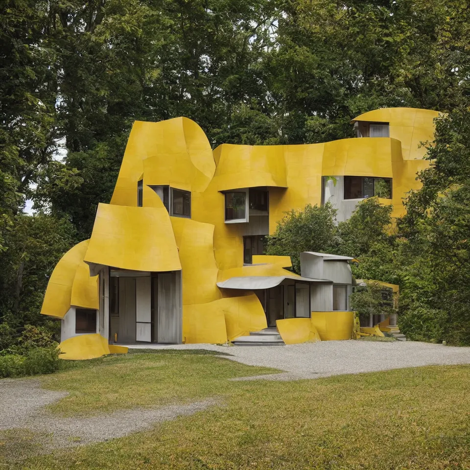 Prompt: a flat leveled bungalow designed by Frank Gehry. Tiles. Gravel driveway. Film grain, cinematic, yellow hue