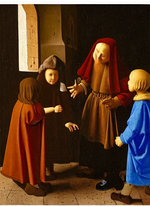 Image similar to Two little brothers meet a young man, medieval painting by Jan van Eyck, Johannes Vermeer, Florence