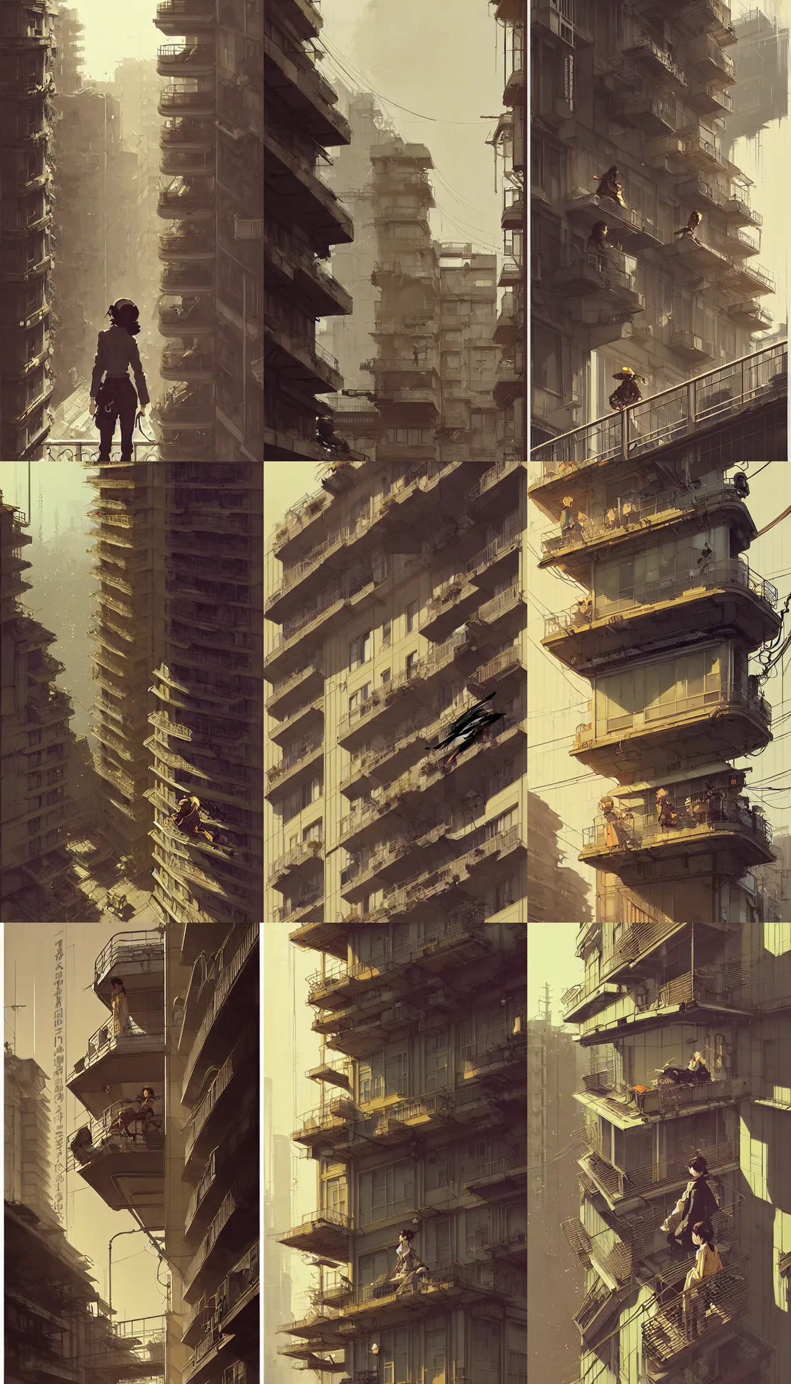 Prompt: hyper - realistic portrait of dieselpunk tokyo balcony in style of atey ghailan, by greg rutkowski, by greg tocchini, by james gilleard, by joe fenton, by kaethe butcher, dynamic lighting, gradient light yellow, brown, blonde cream and white color scheme, grunge aesthetic