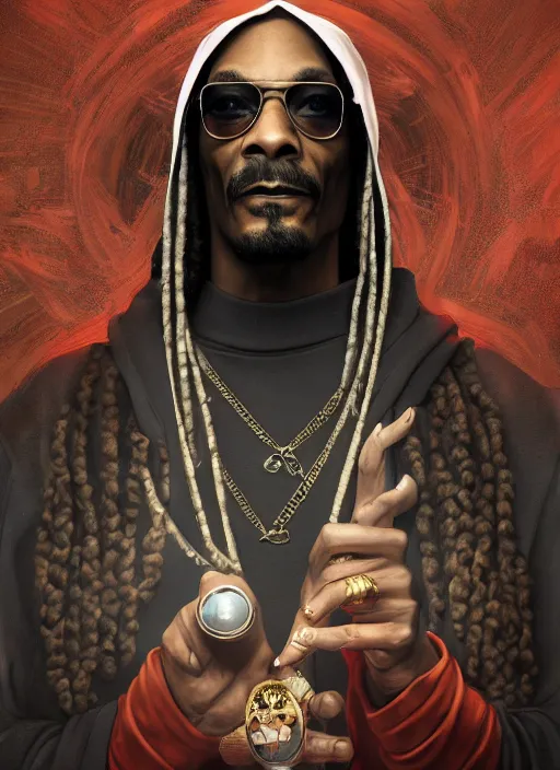 Image similar to snoop dogg is an evil wizard, dark, red, black, mist, hyper detailed, digital art, trending in artstation, cinematic lighting, studio quality, smooth render, unreal engine 5 rendered, octane rendered, art style by klimt and nixeu and ian sprigger and wlop and krenz cushart.