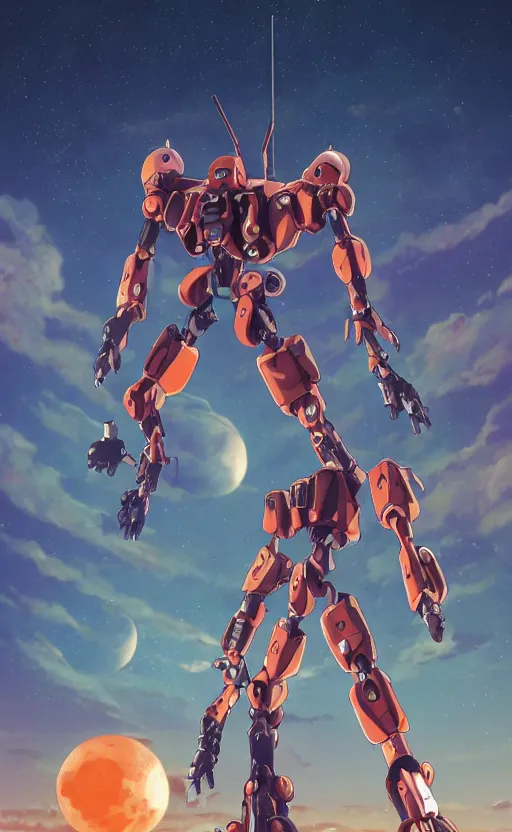 Image similar to < huge mecha > in the style of < neon genesis evangelion > with a < mechanical moon lute > in arms, movie poster, < full body robot >, 3 d anime, arcane style, retropunk, steampunk, high resolution, 4 k, retrofuturism, studio ghibli, simon stalenhag