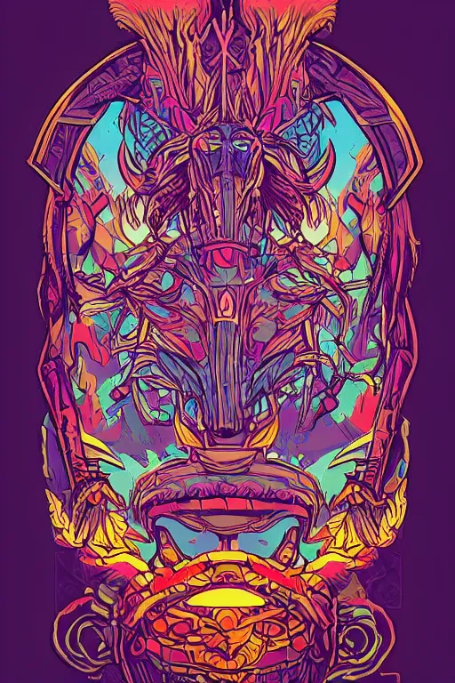 Image similar to animal mask totem roots flower tribal feather gemstone plant wood rock shaman vodoo video game vector cutout illustration vivid multicolor borderlands comics by josan gonzales and dan mumford radiating a glowing aura