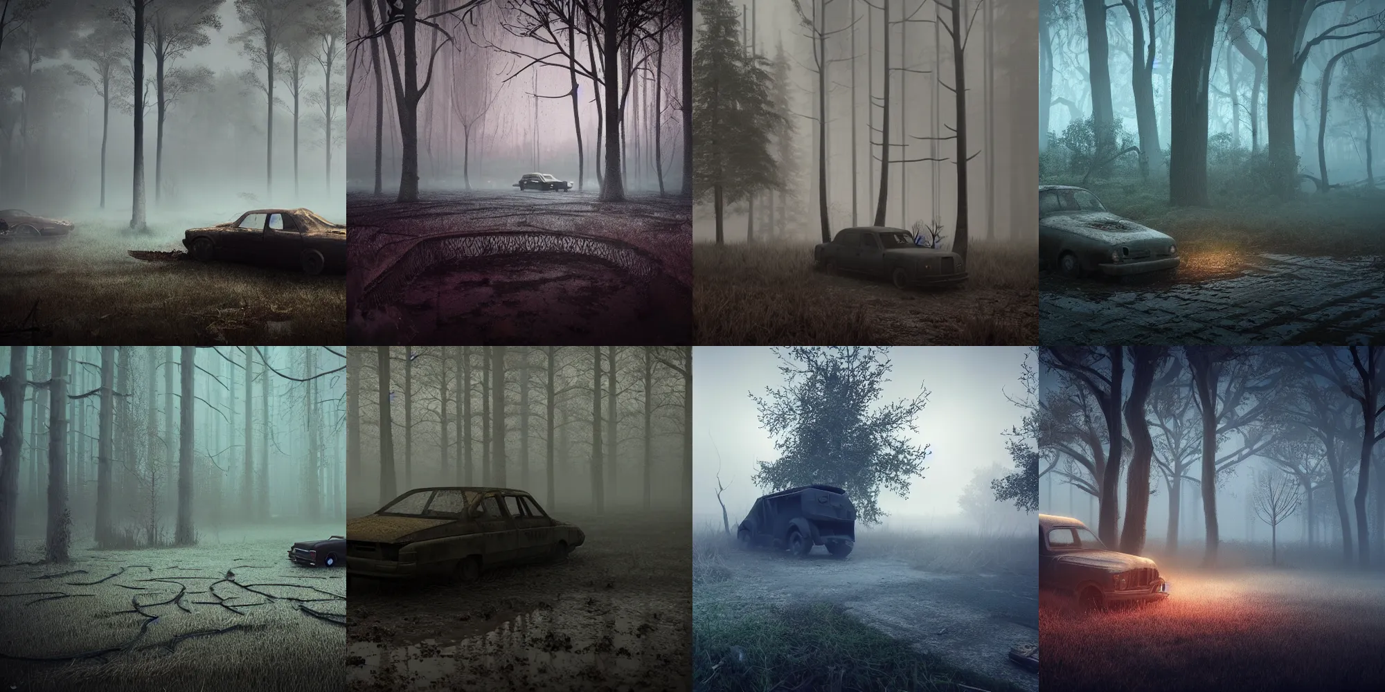 Image similar to beautiful dark creepy foggy swamp landscape, old abandoned car sinking, in the style of beeple and Mike Winkelmann, intricate, epic lighting, cinematic composition, hyper realistic, 8k resolution, unreal engine 5,