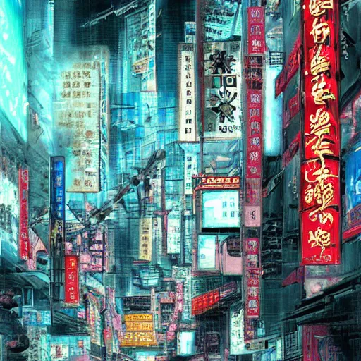 Image similar to oriental painting of cyberpunk hong kong in the year 2 0 4 7