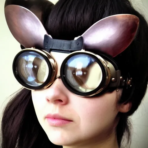 Image similar to cat person with steampunk goggles on forehead, style of hajime isayama