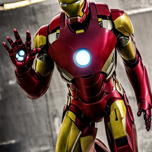 Image similar to overgrown, rusted, scratched, dented, and battle damaged iron man suit, 4k realistic photo