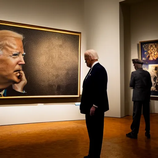 Image similar to biden watching a trump exhibition in a museum, studio lighting, photography, highly detailed, 4 k