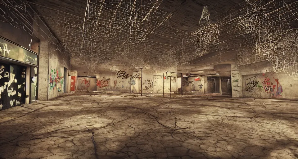 Image similar to photo realistic!! a rundown mall interior with hanging wire and graffiti, very detailed, slightly smokey, unreal engine