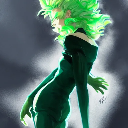 Image similar to painting of tatsumaki from one punch man, green wavy hair, black dress, cool color palette, refreshing, soft lighting, fine details, digital painting, pretty face, light and shadow effects, dynamic pose, by cushart krenz, by makoto shinkai