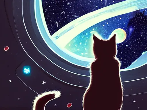 Prompt: cat from behind in space station watching the stars trough a large window, digital painting, dramatic lighting, highly detailed, artstation, concept art