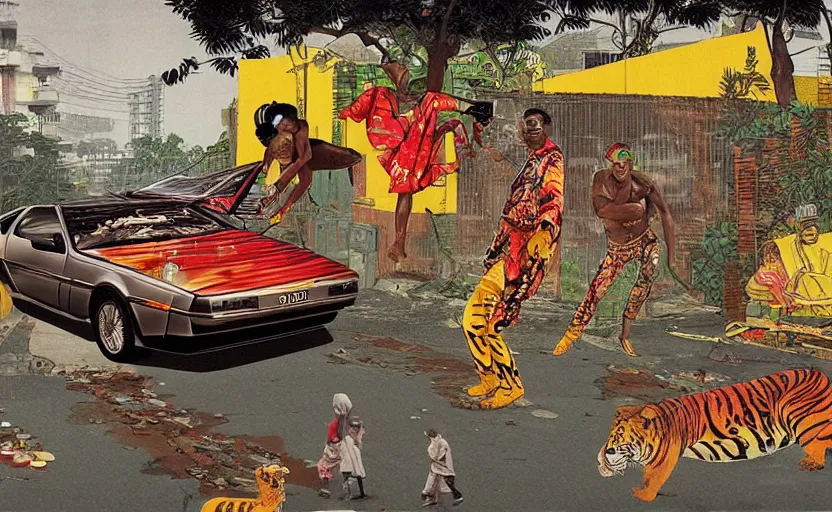 Image similar to a red delorean and a yellow tiger in ajegunle slum of lagos - nigeria, painting by hsiao - ron cheng, utagawa kunisada & salvador dali, magazine collage style,