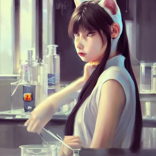 Prompt: Girl with cat ears in a chemistry lab, by WLOP, by Artgerm, by Michael Garmash, by Rob Rey, digital art, trending on artstation, beautiful lightning, atmospheric