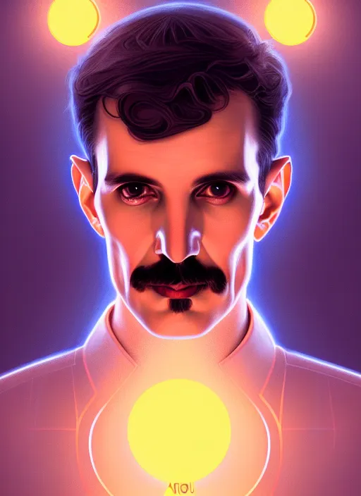 Image similar to symmetry!! portrait of nikola tesla male, chemisty, sci - fi, glowing lights!! intricate, elegant, highly detailed, digital painting, artstation, concept art, smooth, sharp focus, illustration, art by artgerm and greg rutkowski and alphonse mucha, 8 k