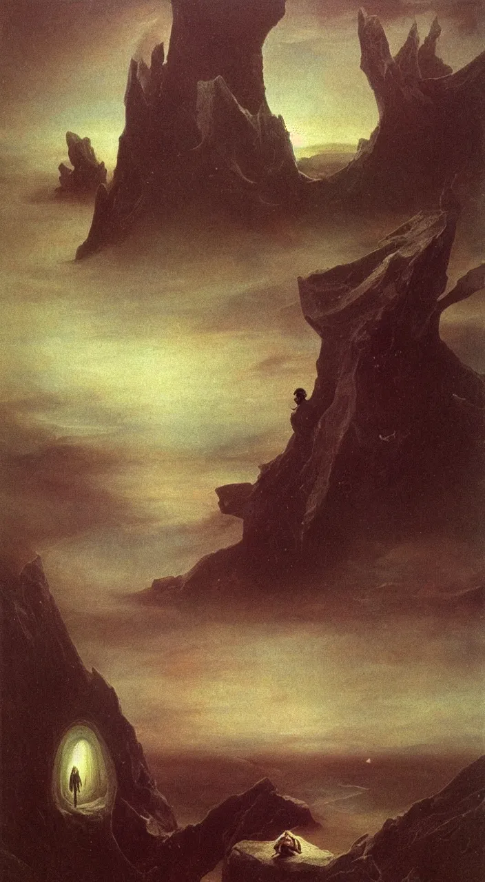 Prompt: the destruction of reality birth of the void end of silence edge of sound time reversed alien ruins Emptiness expanding Alien Ruins after the Destruction of Reality during the Birth of the Void Romantic, Luminism, Hudson River School, art in the style of Francisco de Goya and Zdzisław Beksiński and Caspar David Friedrich