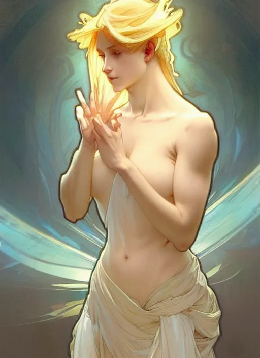 Image similar to digital character concept art by artgerm and greg rutkowski and alphonse mucha. clear portrait of a young wife blessed by god to uncontrollably become overwhelmingly perfect!! blonde, clothed! obviously feminine holy body!! light effect. hyper detailed, glowing lights!! intricate, elegant, digital painting, artstation, smooth, sharp focus