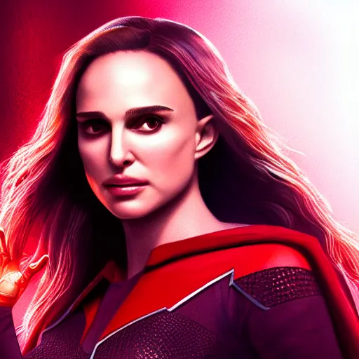 Image similar to Natalie Portman as scarlet witch from MCU, highly detailed, artstation, 8K HDR, sunset.