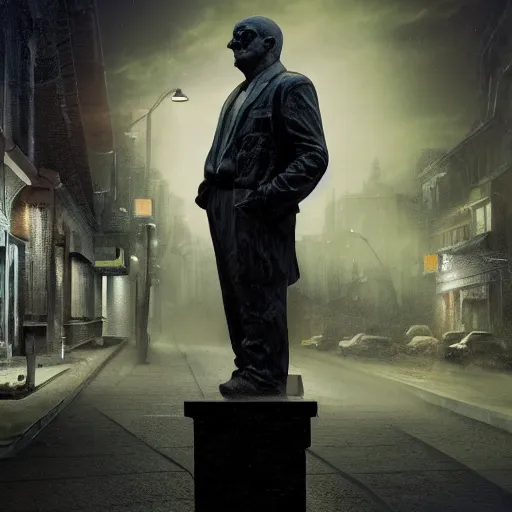 Image similar to hyperrealistic mixed media image of a statue of jason alexander skulking through a dark neighborhood with a flashlight, stunning 3 d render inspired art by istvan sandorfi and greg rutkowski, perfect facial symmetry, realistic, highly detailed attributes and atmosphere, dim volumetric cinematic lighting, 8 k octane extremely hyper - detailed render, post - processing, masterpiece,