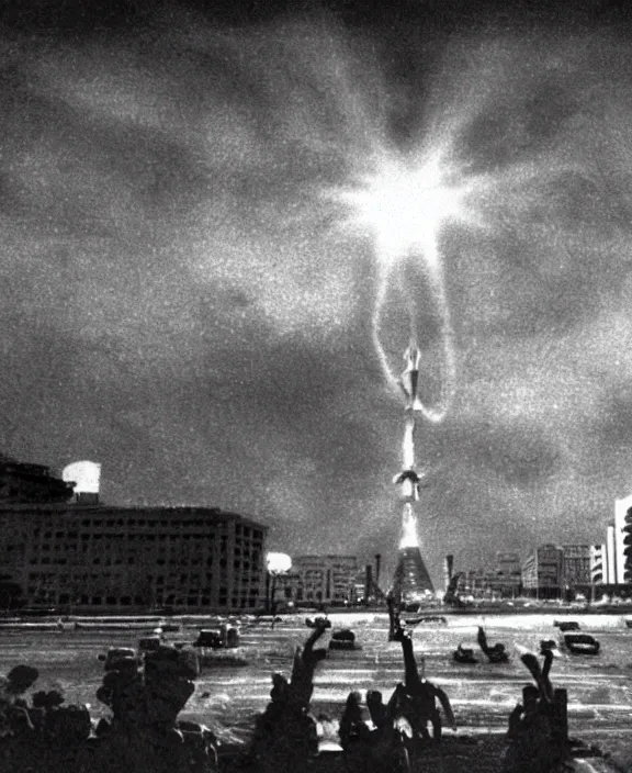 Image similar to Pulgasari the North Korean starfish monster destroying Pyongyang city, volumetric lighting, filmstill, produced by Kim Jong-il, Kodachrome, kaiju-eiga, monster movie, communist propaganda, film noir, 35mm film grain, Cooke Varotal 20-100mm T3.1, monochrome, in the style of Ishirō Honda and Akira Kurosawa