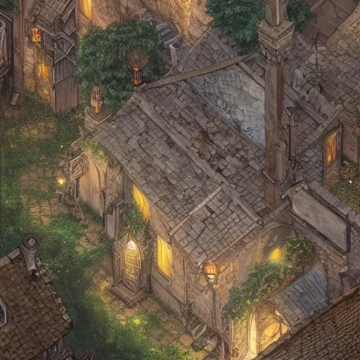 Image similar to a topdown battlemap from 9 0 degrees angle of a medieval town alley, dnd encounter, dawn, dark fantasy, extremely detailed, no people, photorealistic, octane render, 8 k, unreal engine 5. art by artgerm and greg rutkowski and alphonse mucha