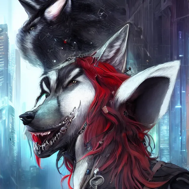 Image similar to a beautiful portrait of a handsome anthropomorphic humanoid black wolf fursona with long red hair in cyberpunk city. character design by cory loftis fenghua zhong ryohei hase isma