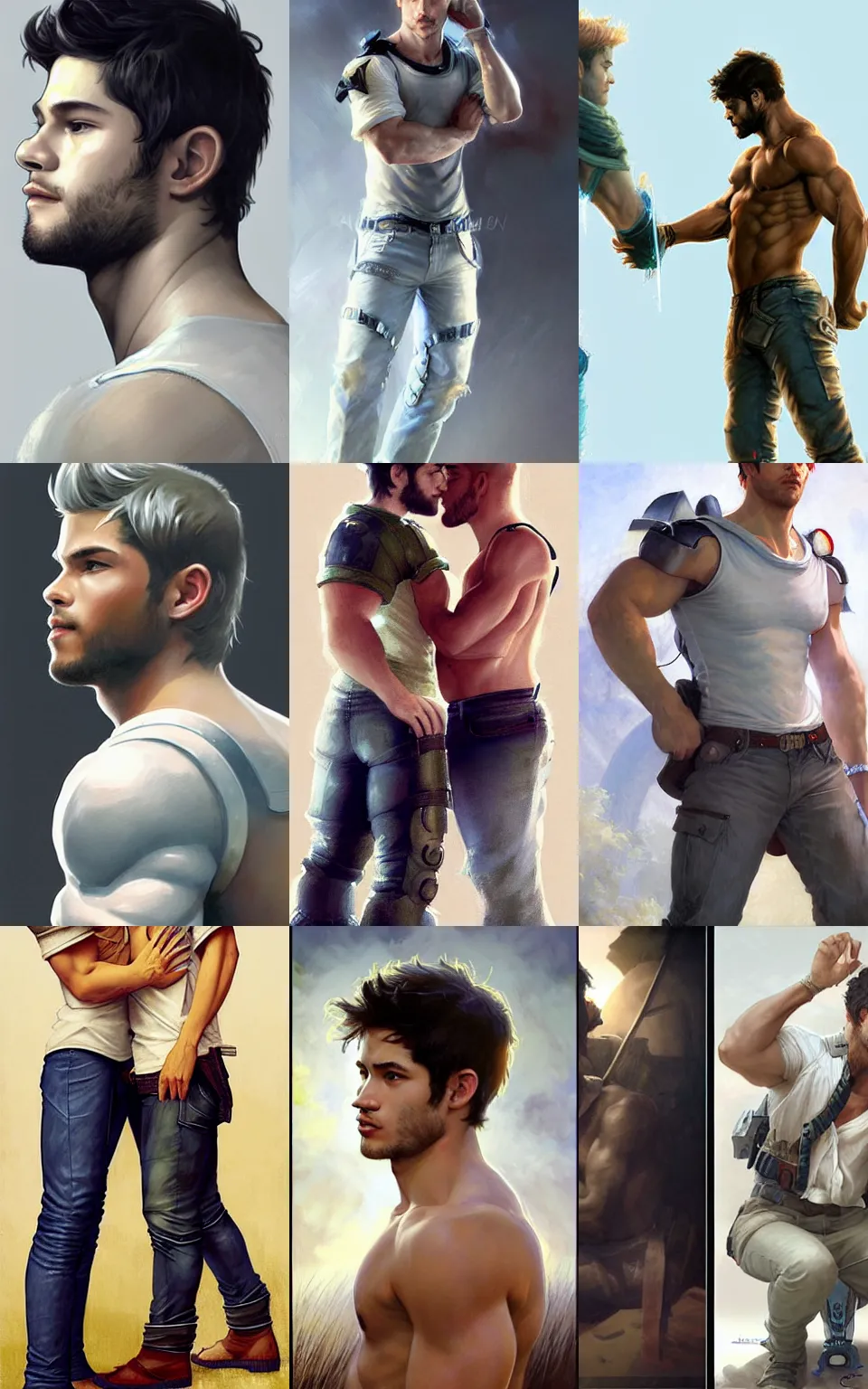 Prompt: character concept portrait of Tyler Posey and Kellan Lutz kissing, white shirt, jean pants, armor, digital painting, concept art, smooth, sharp focus, illustration, from Metal Gear, by Ruan Jia and Mandy Jurgens and William-Adolphe Bouguereau, Artgerm