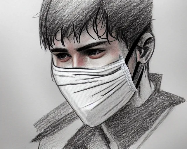 Image similar to draft drawing of a european young man covering face with fabric mask, draft sketch, trending on artstation, context art, pencil sketch, high detail