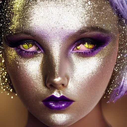 Image similar to girl with silver-violet hair, white eyes and golden glittery dress, wide lens, diorama, 4k,
