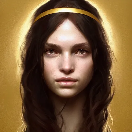 Image similar to highly detailed portrait of a young woman with long dark hair and a golden headband, art by greg rutkowski, unreal engine, high quality, vivid, stunning lighting, symmetry