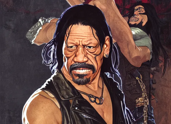 Image similar to portrait of danny trejo exploring a haunted house, long black hair, leather vest and jeans, kyoto animation still, finely illustrated face, intricately detailed features, digital painting, makoto shinkai, painted by ilya kuvshinov and katsura masakazu and alphonse mucha and satoshi kon