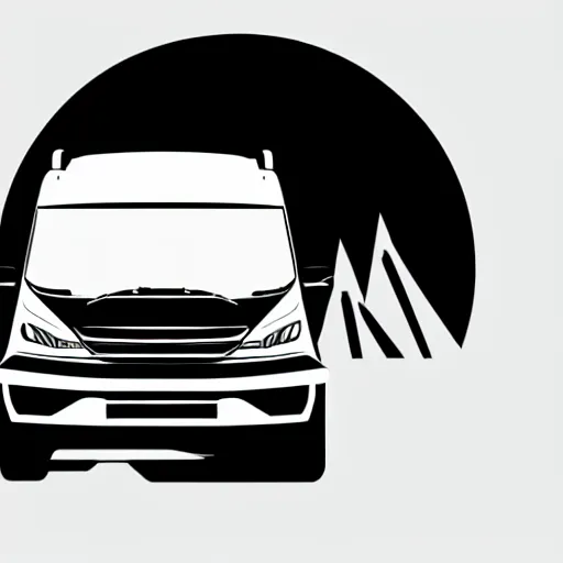 Prompt: very very very minimal vector graphic of a white and black thor chateau motorhome, color highway, mountains and sunset!!, all enclosed in a circle, white background, dramatic, professional minimal graphic design cartoon, award winning