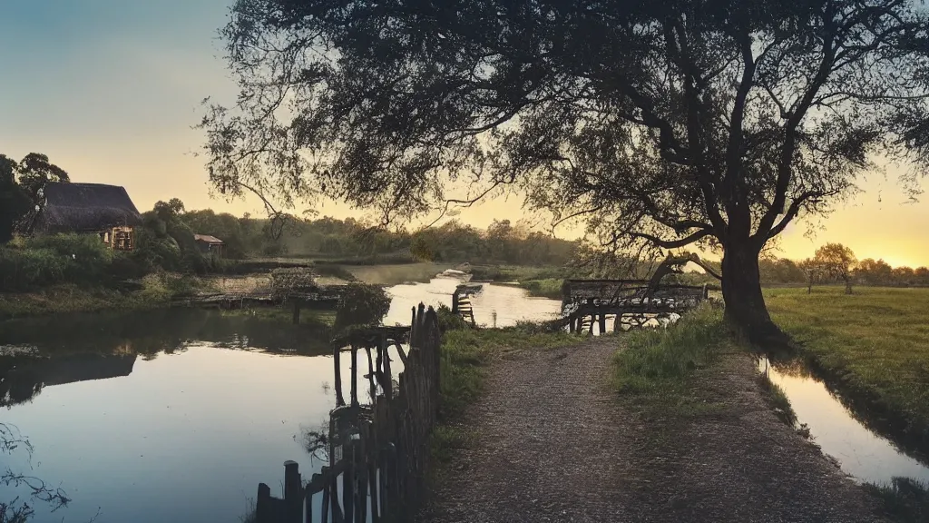 Image similar to small grey wooden cottage by the river, a tree with vines wrapped around it, two crows singing on the tree, tranquility, arch bridge over the river, the bridge path to remote, chill wind, an old man riding a skinny horse on the road, sunset