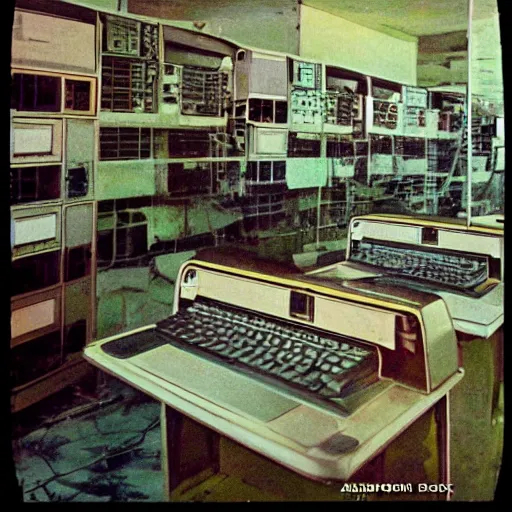 Prompt: abandoned 1 9 6 0 s computer complex, autochrome!!!!!!!!!!