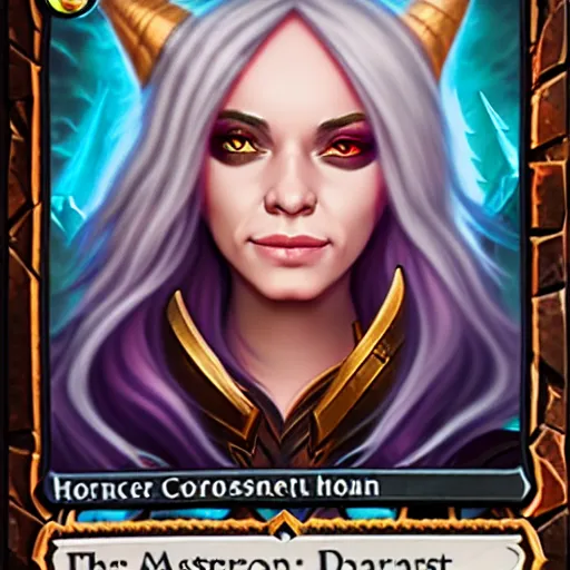 Prompt: Portrait of a sorceress, Hearthstone official trending art, exagerated accurate details, trending on MasterpieceStation in category 'Perfect identical eyes'