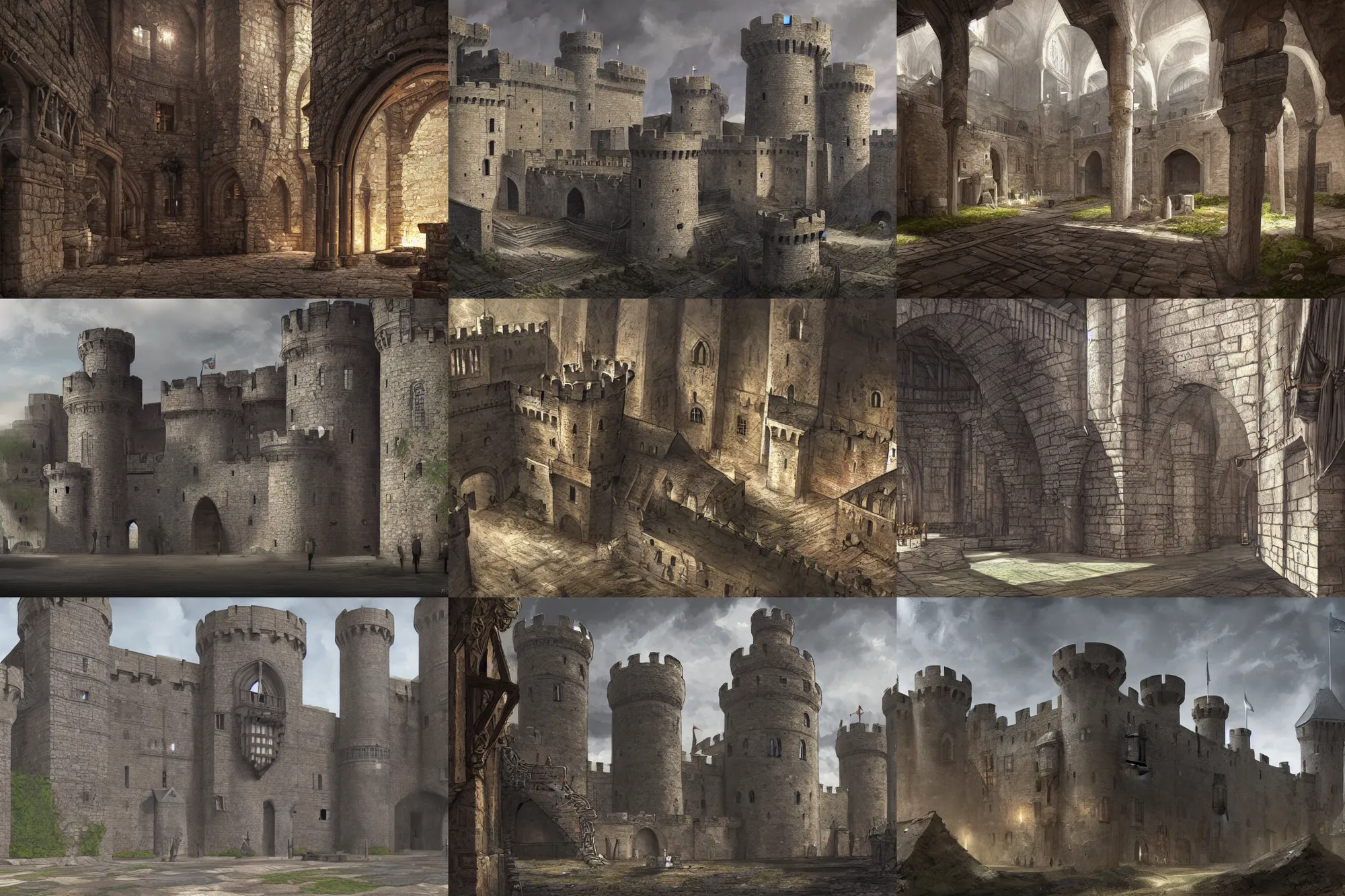 Prompt: inner ward of a medieval castle, concept art, key visual, very detailed, realistic, architecture, digital art