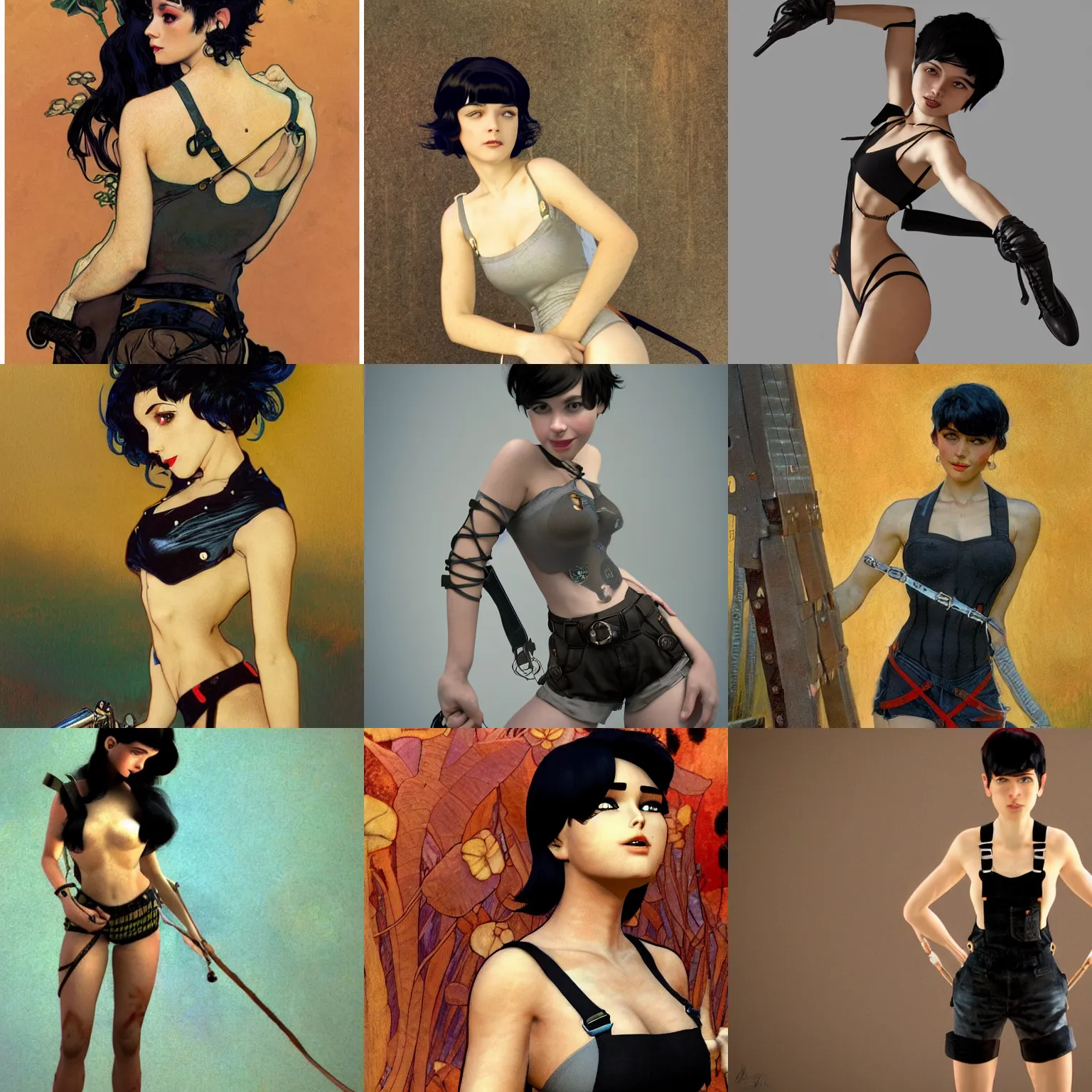 Prompt: a girl with black hair pixie cut in shorts with suspenders drawn by slb, frank frazetta, ralph bakshi, alphonse mucha, gustav klimt 8k, 4k, unreal 5, DAZ, trending on artstation, octane render, hyperrealistic