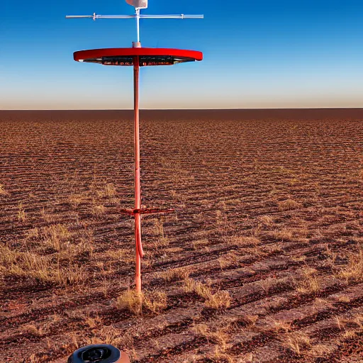 Prompt: mobile camoflaged rugged weather station sensor antenna for monitoring the australian desert, XF IQ4, 150MP, 50mm, F1.4, ISO 200, 1/160s, dawn