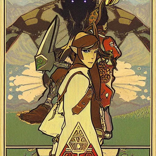 Image similar to a painting of The Legend of Zelda: Breath of the wild by mucha