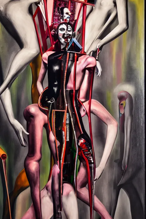 Image similar to crazy fashion catwalk, latex, constructivism, freak show, one model, crazy clothes, biopunk style, horror, hauntingly surreal, highly detailed painting by francis bacon, edward hopper, adrian ghenie, gerhard richter, and james jean 4 k