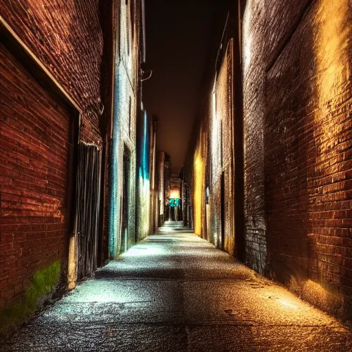 Image similar to detailed realistic photo of an alley at night, low angle