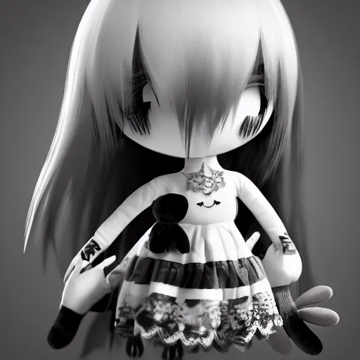 Prompt: cute fumo plush of a gothic girl who is hiding a monster in her purse, tendrils bursting out, black and white, vray